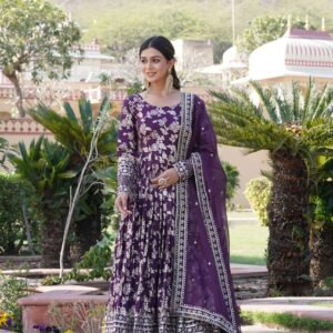 Wine Viscose Dyable Jacquard Gown with Russian Silk Sequined Dupatta ? Elegant Party & Wedding Set