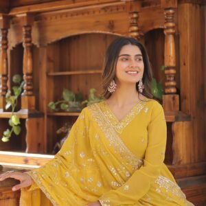 Yellow Faux Georgette Designer Gown with Sequined Dupatta ? Fully Flared Elegant Party & Wedding Set